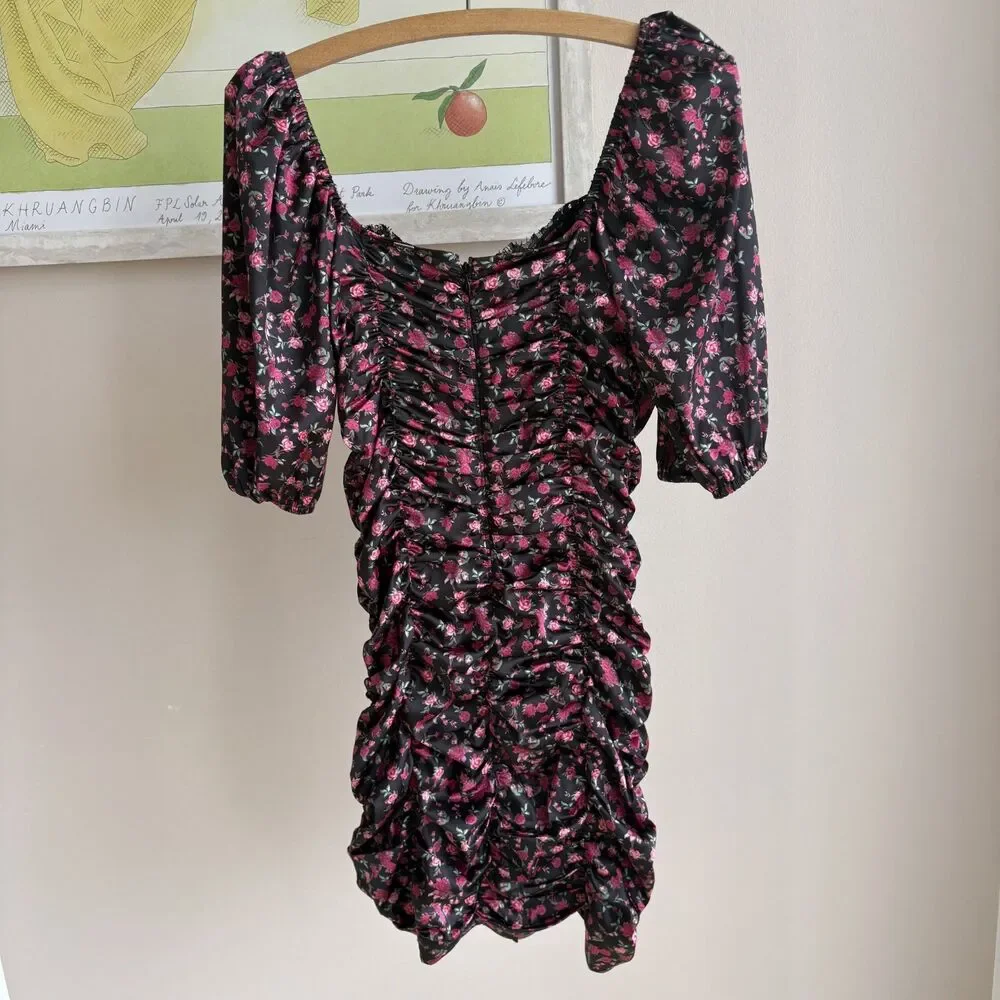 For Love & Lemons Black Melrose Satin Bodycon Cocktail Puff Sleeve - Picture 7 of 8